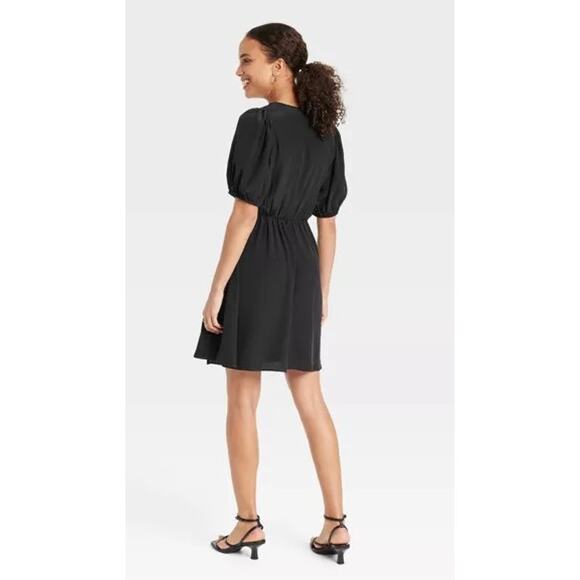 A New Day Black Balloon Sleeve Faux Wrap Mini Dress X-Small - Picture 3 of 8